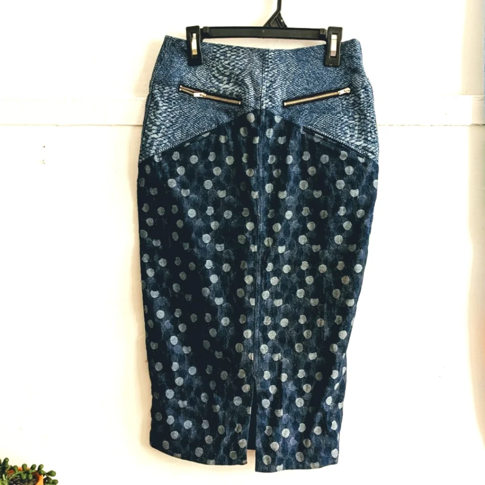 Y2k Vintage Designer Babyghost Denim Pencil Skirt Polka Dot Python Ooak